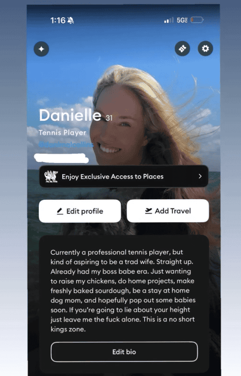 Danielle Collins’ professional dating profile on Raya, reviewed by ProfileHelper’s dating profile writing experts.